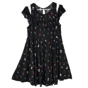 Torrid Black Skull Snake Rose Skater Dress 1X Keyhole Scoop Short Cold Shoulder